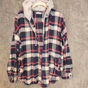 PacSun Mens Plaid Hooded Flannel Shirt Navy Red Large Button Front Shacket L